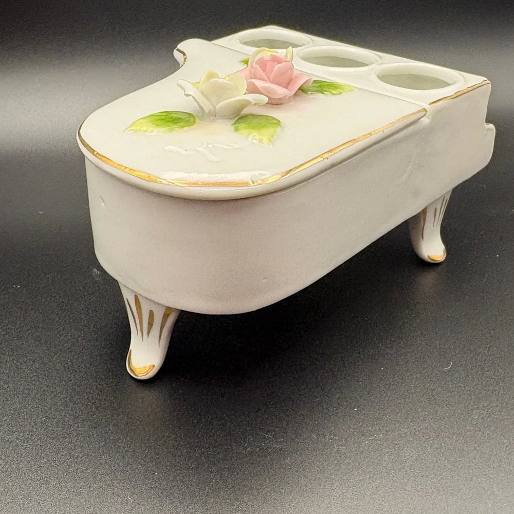 Vintage DeVilbiss Ceramic Floral Piano W/Gold Accents Candle Holder Trinket Box